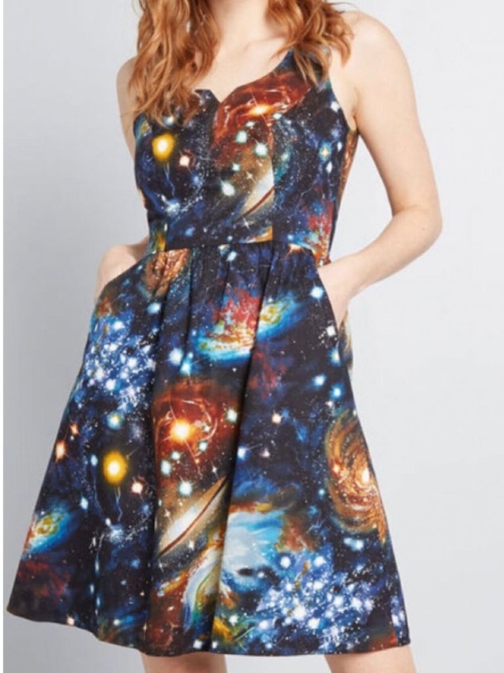 ModCloth Fervour Galaxy Space Dress Solar System Fit & Flare Pockets SIze Small